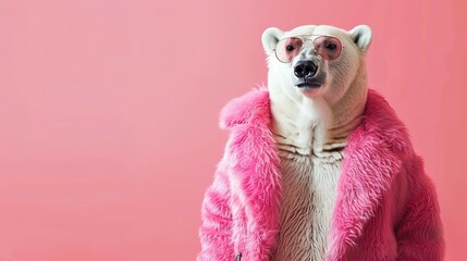 Creative animal concept. Polar Bear in glam fashionable couture high end outfits isolated on bright background advertisement, copy space. birthday party invite invitation banner