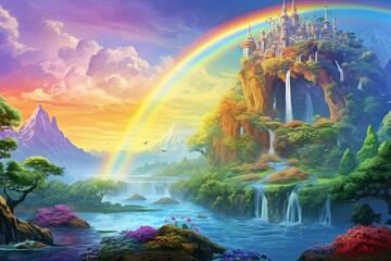 the enchantment of a magical forest by the sea, where the sky is painted with the mesmerizing colors of a rainbow, evoking a sense of wonder and awe.