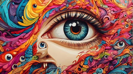 This image features a highly detailed, colorful abstract illustration of a human eye surrounded by a flow of vivid shapes and patterns