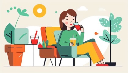 Simple Pleasures: A Relaxing Doodle of a Woman Enjoying a Refreshing Soda