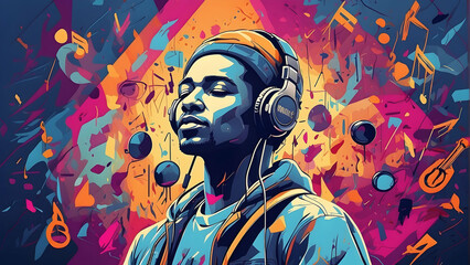 A vibrant digital artwork of a man enjoying music with graffiti-like background elements