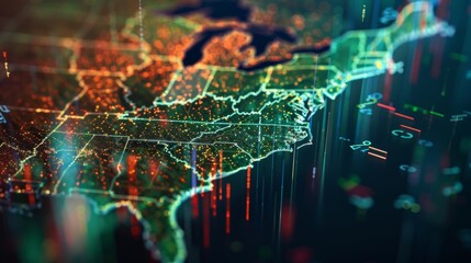 A digital visualization of a global data network featuring financial charts and graphs with a glowing world map, signifying the interconnected nature of global economics and data flow. Business.