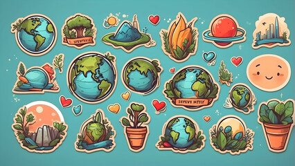 Naklejka premium An array of vibrant ecological stickers including planet earth, mountains, hearts, and plants to promote environmental awareness