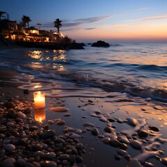 Candle on the beach in Ibiza at sunset, Spain.
