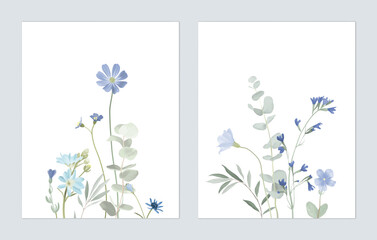 Floral wall art set, minimalist assorted blue wildflowers on grey background