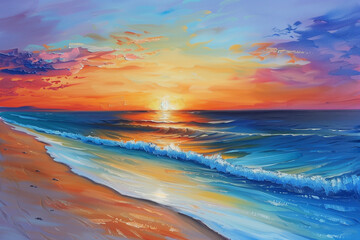 Fototapeta premium Depicting the allure of a sunset on the horizon with a close-up shot of the sun dipping below the sandy beach, painting the sky in a myriad of colors
