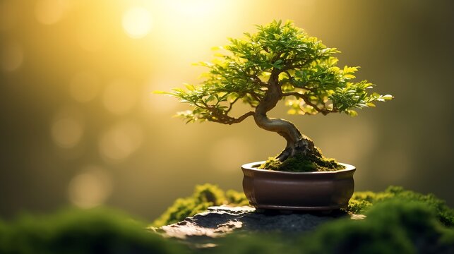 Bonsai tree in a pot on the background of the sun