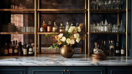 A chic home bar with a marble countertop, brass fixtures, and shelves stocked with spirits