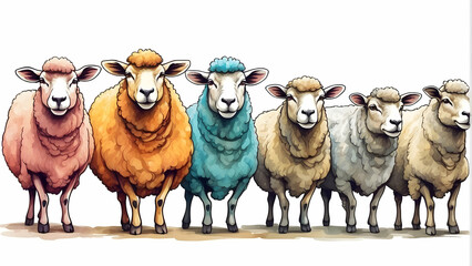 Fototapeta premium Whimsical digital illustration of a line of sheeps in varied colors, suggesting uniqueness and togetherness