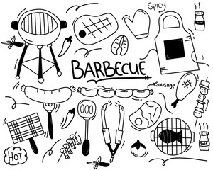Barbecue grill hand-drawn outline doodle Set. BBQ Vector Illustration Barbecue party Sketch. Barbeque tools charcoal firewood and products hand drawing 