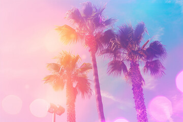 Obraz premium This retro-inspired photograph captures the essence of the '80s with its vibrant palm trees set against a dreamy sky backdrop. The pastel colors and soft focus add to the nostalgic charm