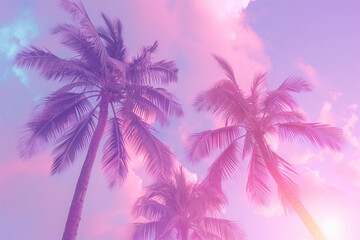 Fototapeta na wymiar This retro-inspired photograph captures the essence of the '80s with its vibrant palm trees set against a dreamy sky backdrop. The pastel colors and soft focus add to the nostalgic charm