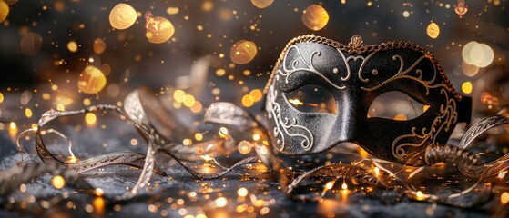 A beautiful black and silver masquerade mask with gold glitter and lights in the background.