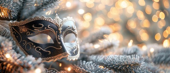 A black and gold masquerade mask rests on a snowy tree branch with blurred golden lights in the background.