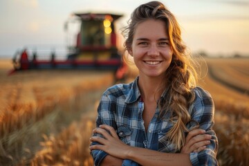 A beautiful young farmer woman standing in a wheat field, smiling and looking at the camera with a...