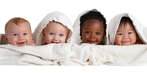 Group adorable smiling baby boys wrapped in a white towels on a white background