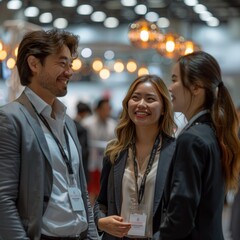 individuals in business casual attire as they laugh and chat together at an exhibition booth after the fair concludes captures the genuine connection and happiness shared among friends.