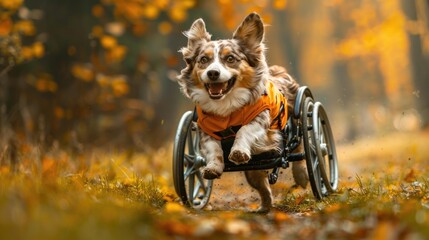 A happy Australian Shepherd dog in a wheelchair is running through the woods