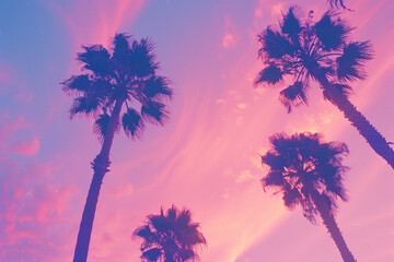 Obraz premium This retro-style photograph captures the timeless allure of palm trees set against a vivid backdrop of pink and purple hues in the sky. Reminiscent of vintage postcards and '80s aesthetics