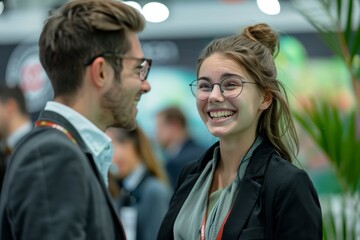 individuals in business casual attire as they laugh and chat together at an exhibition booth after the fair concludes captures the genuine connection and happiness shared among friends.