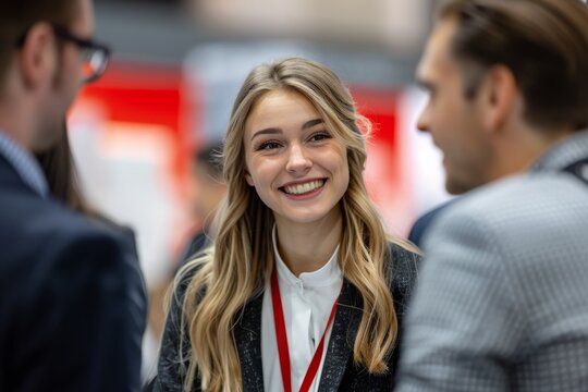 individuals in business casual attire as they laugh and chat together at an exhibition booth after the fair concludes captures the genuine connection and happiness shared among friends.