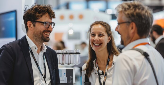 individuals in business casual attire as they laugh and chat together at an exhibition booth after the fair concludes captures the genuine connection and happiness shared among friends.