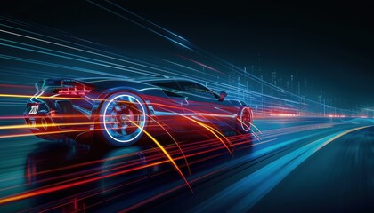 Fototapeta premium A car is driving down a road with a bright blue background. The car is surrounded by a colorful blur of light, giving the impression of a fast-moving vehicle. Scene is energetic and dynamic