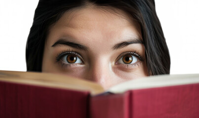 Close-up of a young woman reading a book, isolated on white