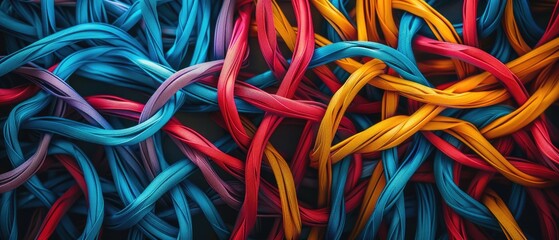 Colorful cables are tangled together.