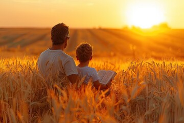 Fototapeta premium Father and son enjoying the sunset in a wheat field.