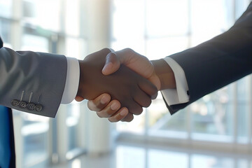 A close-up shot of a firm handshake between two businessmen in a sleek office, symbolizing trust and partnership