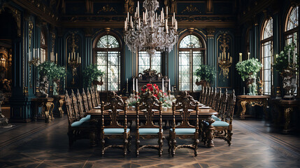 Baroque style grand dining room with a long table, ornate chairs, and dramatic chandeliers,