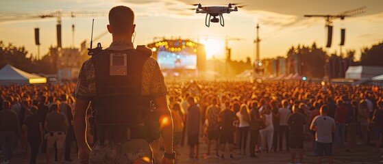 Security guard watching over a crowd at an outdoor event with drone flying above.