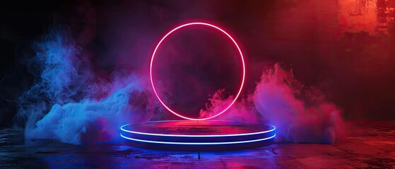 Stunning 3D rendering of a glowing red and blue neon circle with a stage for product placement. Perfect for showcasing your products in a futuristic and eye-catching way.