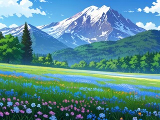 Fototapeta premium grass and flower on field clear sky illustration