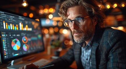 A business professional in an office setting, using the platform on their laptop to create data visualizations and graphs with live analytics.