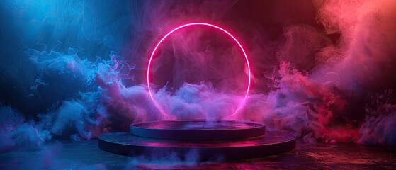 Stunning abstract background image of a glowing pink neon circle with a dark blue background and wispy smoke or fog.