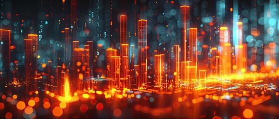 The AI-generated photo shows a futuristic city. The city is full of tall buildings and bright lights. The colors are red orange and yellow.