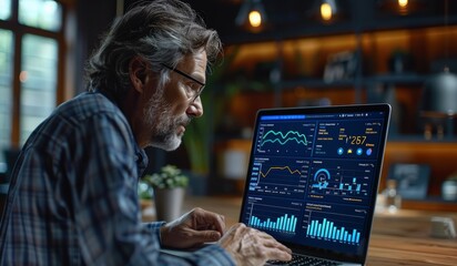 A business professional in an office setting, using the platform on their laptop to create data visualizations and graphs with live analytics.