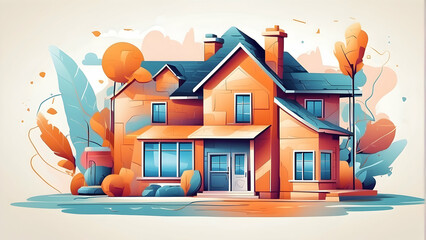 Illustrative interpretation of a warm, family home surrounded by orange and yellow autumn leaves signifying comfort