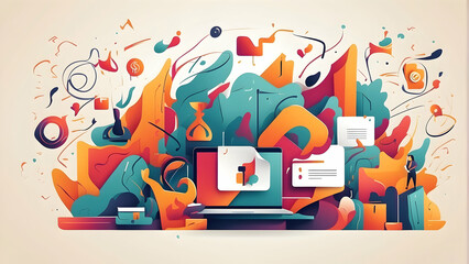 An engaging digital artwork featuring a computer amidst vivid abstract elements symbolizing creativity and productivity
