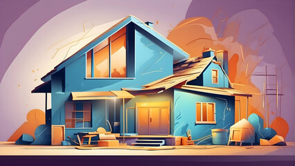 Illustration showcases a modern house with a vivid blue color palette and stylish details, emphasizing a trendy and artistic presentation