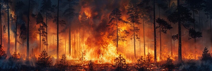 The forest is on fire. The trees are burning and the flames are spreading. The fire is out of control and there is no way to stop it.