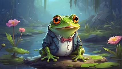 A whimsical digital painting of a well-dressed frog on a lily pad, embodying mystery and enchantment of a fantasy forest