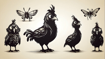 A set of vintage-style drawings featuring chickens in various poses with butterflies, showcasing detailed artistic strokes