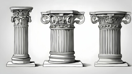Detailed black and white drawing of three classic architectural columns, capturing the essence of ancient construction