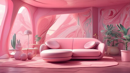 Render of a dreamy pink living room interior with minimalist design, exuding a soft and modern aesthetic