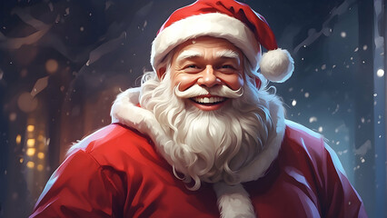 Digital illustration of a smiling Santa Claus in his iconic red suit with a snowy backdrop