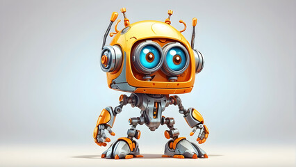 Adorable robotic character with a bright yellow body and large blue eyes giving off a friendly vibe
