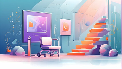 Illustration of a bright and colorful creative office space with stylish modern furniture and abstract art pieces